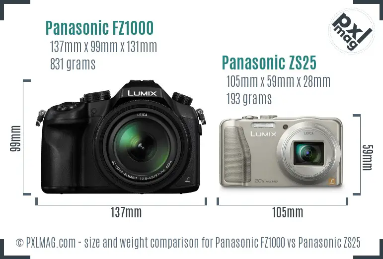 Panasonic FZ1000 vs Panasonic ZS25 size comparison
