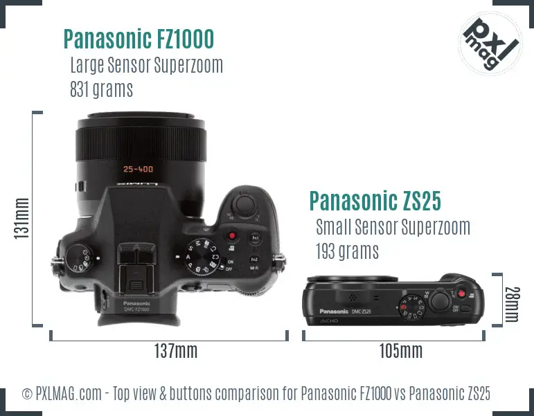 Panasonic FZ1000 vs Panasonic ZS25 top view buttons comparison