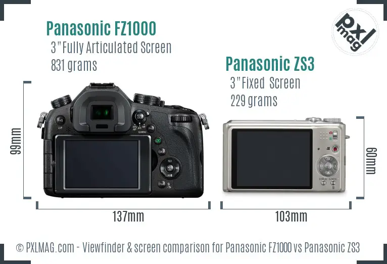 Panasonic FZ1000 vs Panasonic ZS3 Screen and Viewfinder comparison