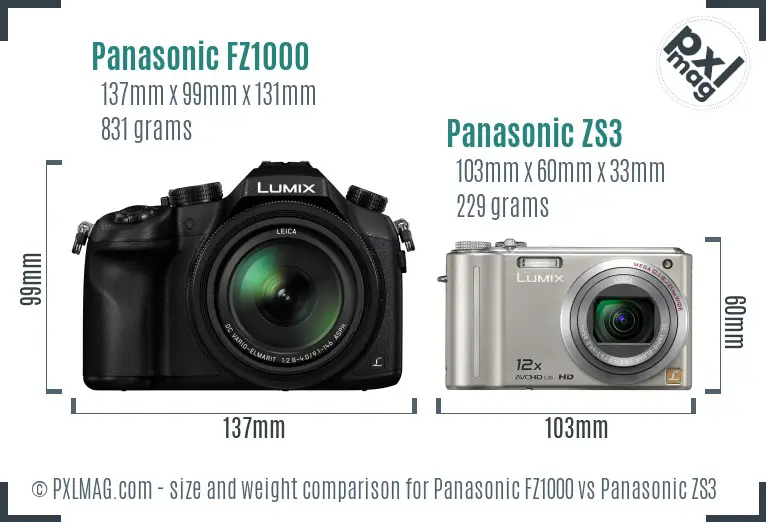 Panasonic FZ1000 vs Panasonic ZS3 size comparison