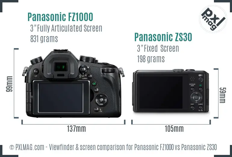 Panasonic FZ1000 vs Panasonic ZS30 Screen and Viewfinder comparison