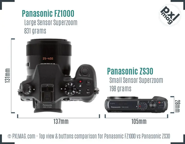 Panasonic FZ1000 vs Panasonic ZS30 top view buttons comparison