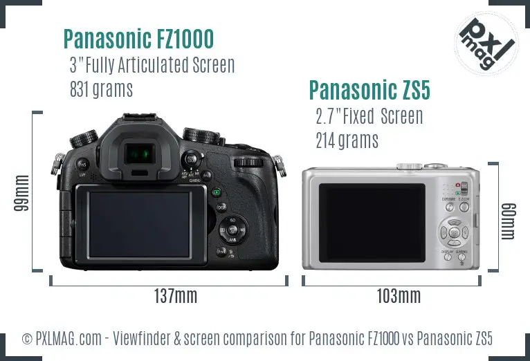 Panasonic FZ1000 vs Panasonic ZS5 Screen and Viewfinder comparison