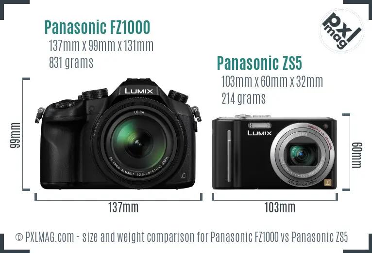 Panasonic FZ1000 vs Panasonic ZS5 size comparison