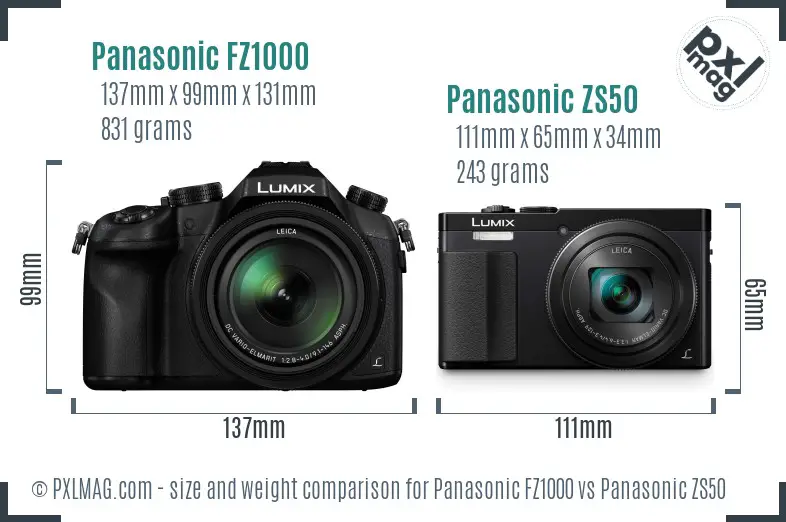 Panasonic FZ1000 vs Panasonic ZS50 size comparison