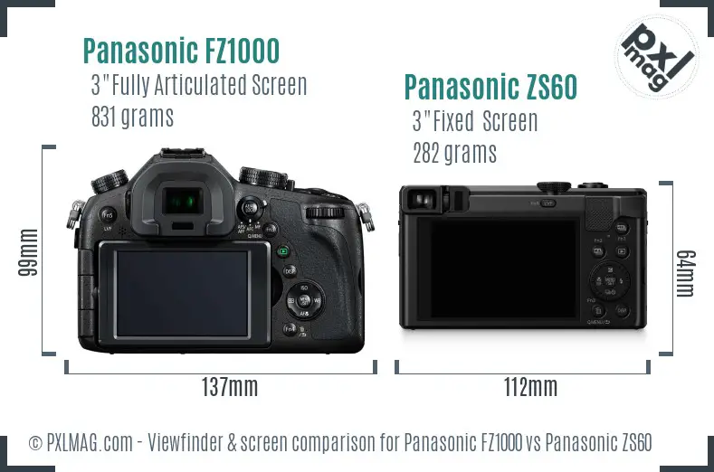 Panasonic FZ1000 vs Panasonic ZS60 Screen and Viewfinder comparison
