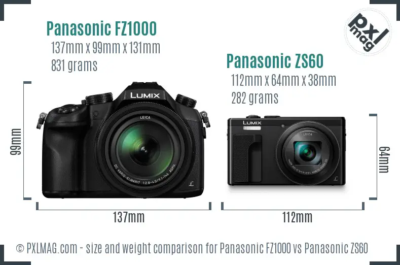 Panasonic FZ1000 vs Panasonic ZS60 size comparison