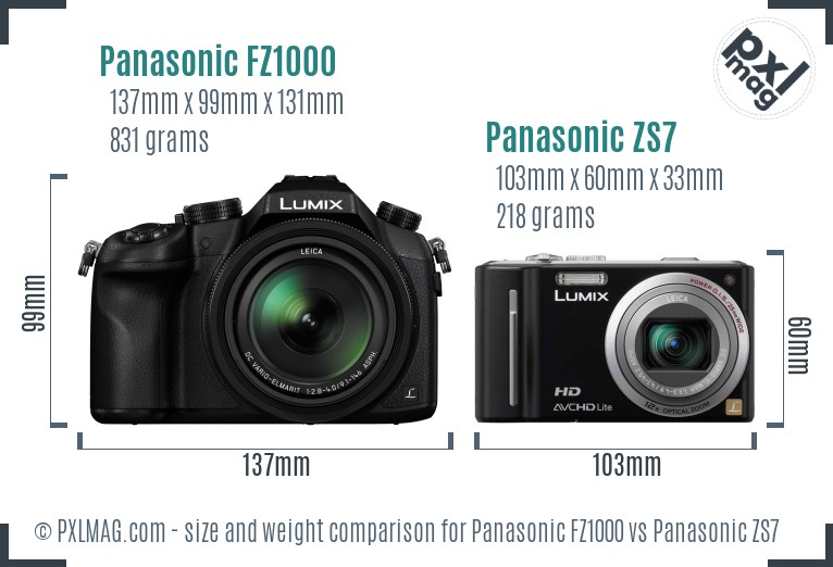 Panasonic FZ1000 vs Panasonic ZS7 size comparison