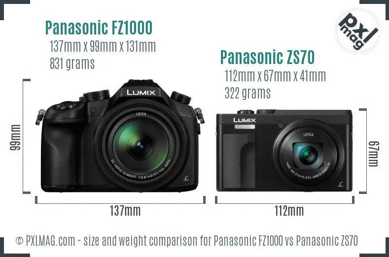 Panasonic FZ1000 vs Panasonic ZS70 size comparison