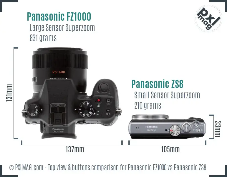 Panasonic FZ1000 vs Panasonic ZS8 top view buttons comparison