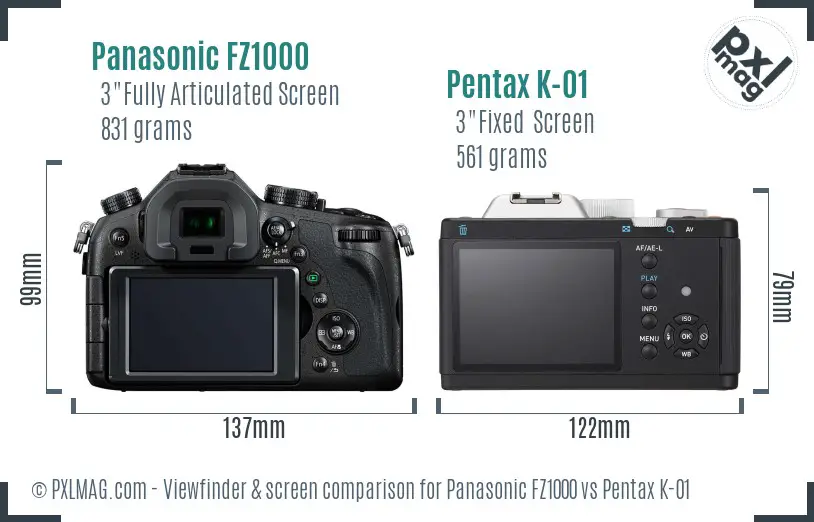 Panasonic FZ1000 vs Pentax K-01 Screen and Viewfinder comparison