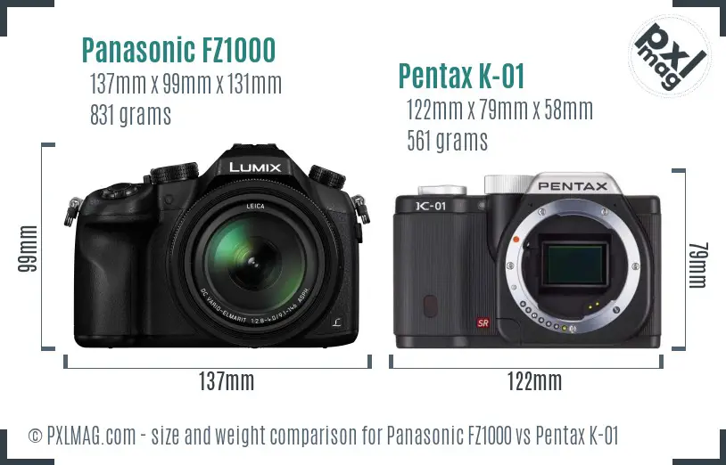 Panasonic FZ1000 vs Pentax K-01 size comparison