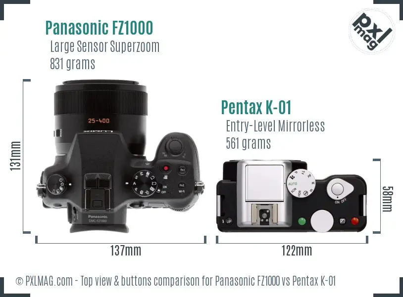 Panasonic FZ1000 vs Pentax K-01 top view buttons comparison