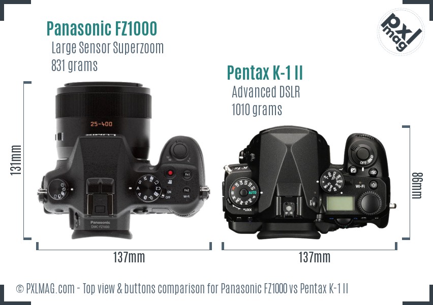 Panasonic FZ1000 vs Pentax K-1 II top view buttons comparison