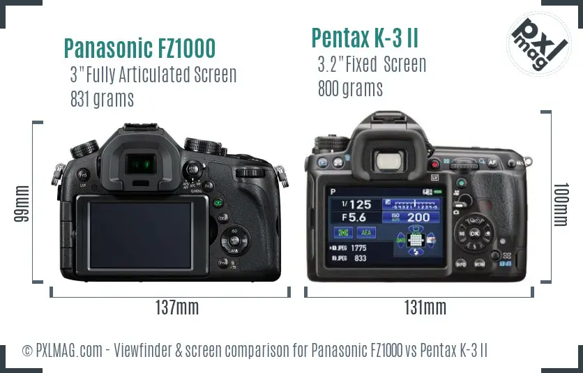 Panasonic FZ1000 vs Pentax K-3 II Screen and Viewfinder comparison