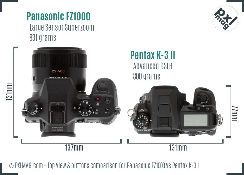 Panasonic FZ1000 vs Pentax K-3 II top view buttons comparison