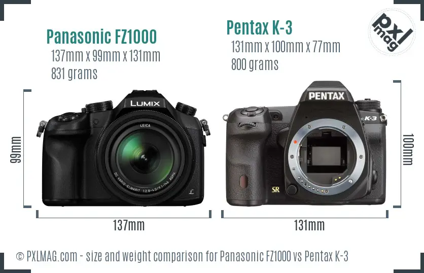 Panasonic FZ1000 vs Pentax K-3 size comparison