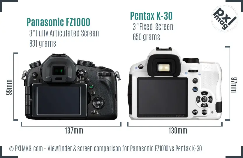 Panasonic FZ1000 vs Pentax K-30 Screen and Viewfinder comparison