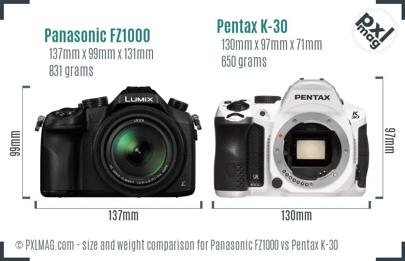 Panasonic FZ1000 vs Pentax K-30 size comparison