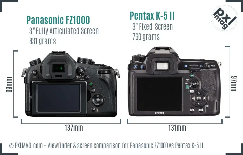 Panasonic FZ1000 vs Pentax K-5 II Screen and Viewfinder comparison
