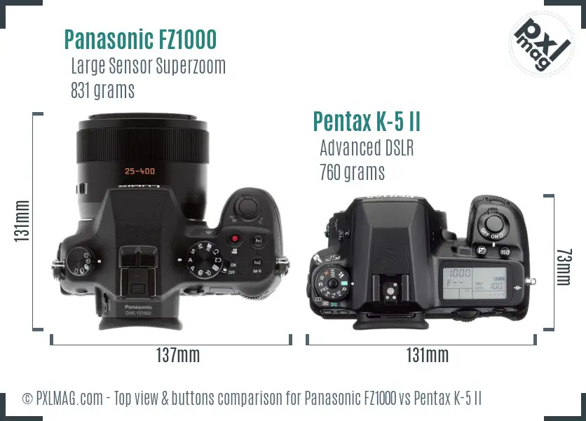 Panasonic FZ1000 vs Pentax K-5 II top view buttons comparison