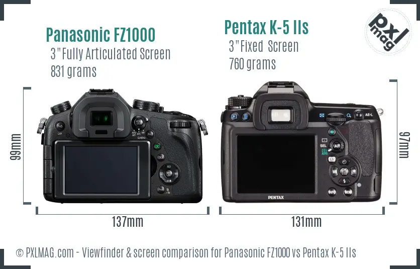 Panasonic FZ1000 vs Pentax K-5 IIs Screen and Viewfinder comparison