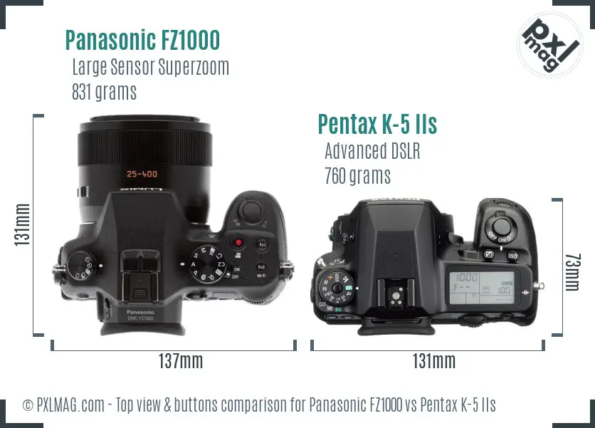 Panasonic FZ1000 vs Pentax K-5 IIs top view buttons comparison