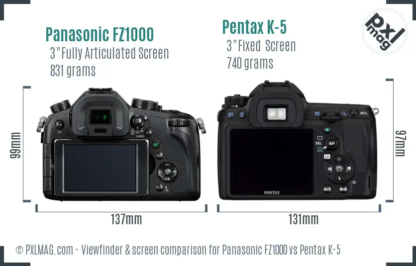 Panasonic FZ1000 vs Pentax K-5 Screen and Viewfinder comparison