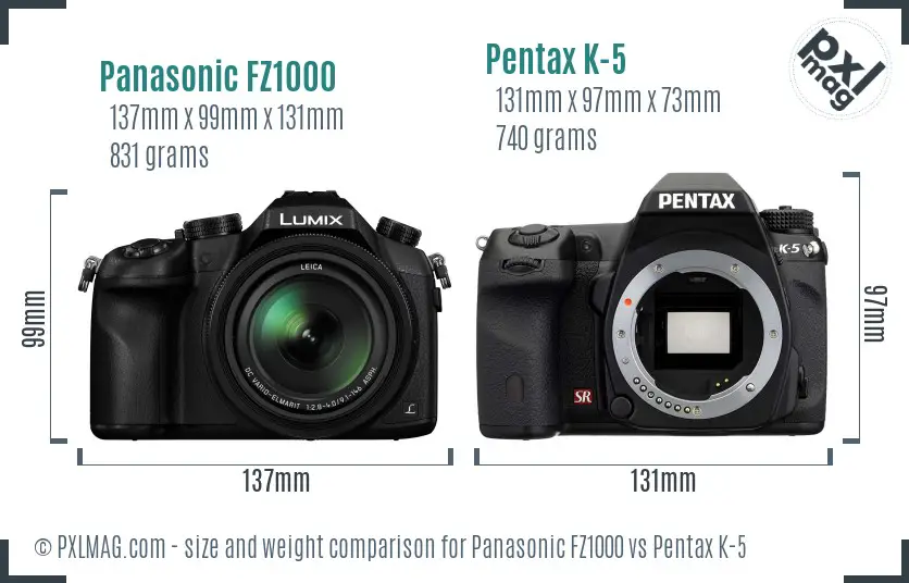 Panasonic FZ1000 vs Pentax K-5 size comparison