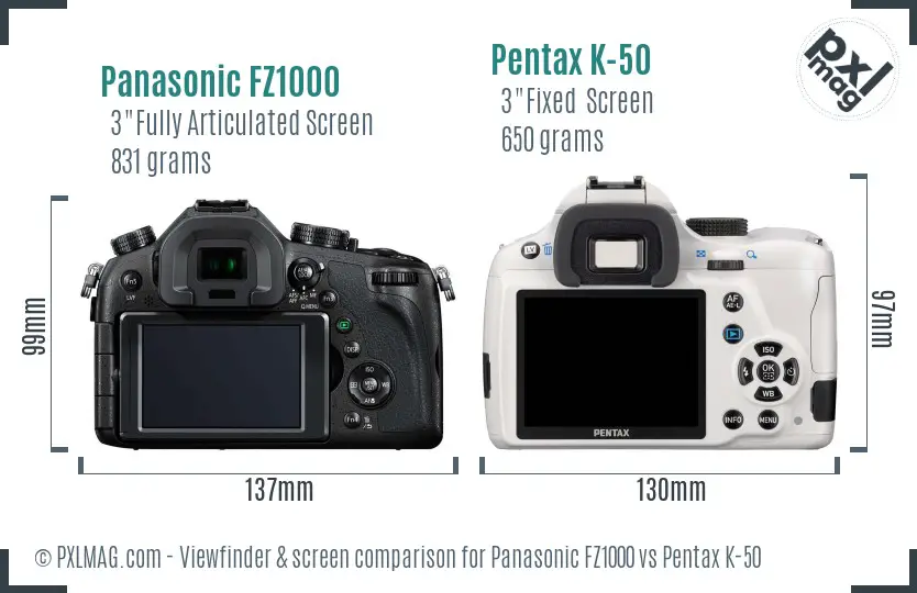 Panasonic FZ1000 vs Pentax K-50 Screen and Viewfinder comparison