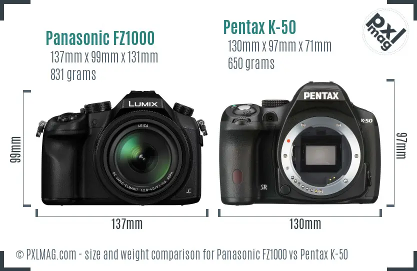 Panasonic FZ1000 vs Pentax K-50 size comparison