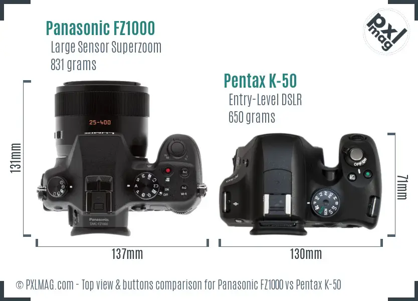 Panasonic FZ1000 vs Pentax K-50 top view buttons comparison