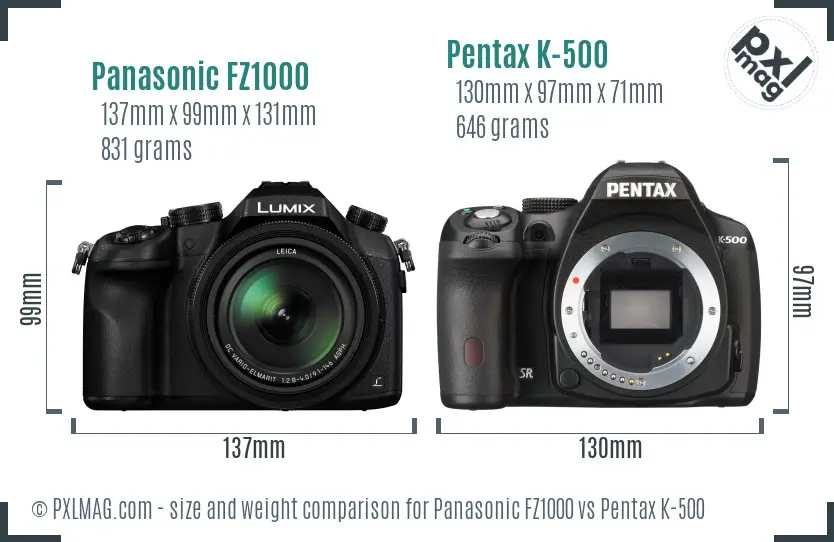 Panasonic FZ1000 vs Pentax K-500 size comparison