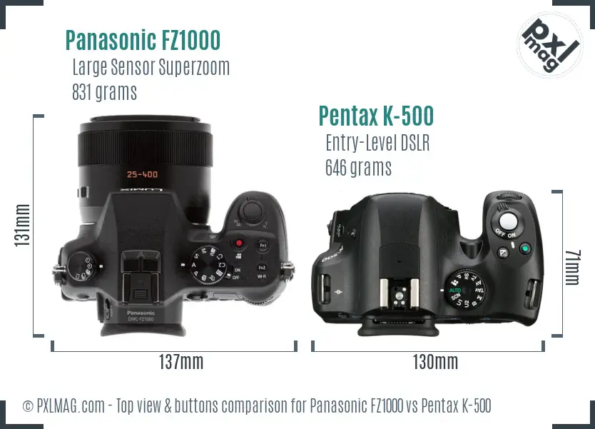 Panasonic FZ1000 vs Pentax K-500 top view buttons comparison