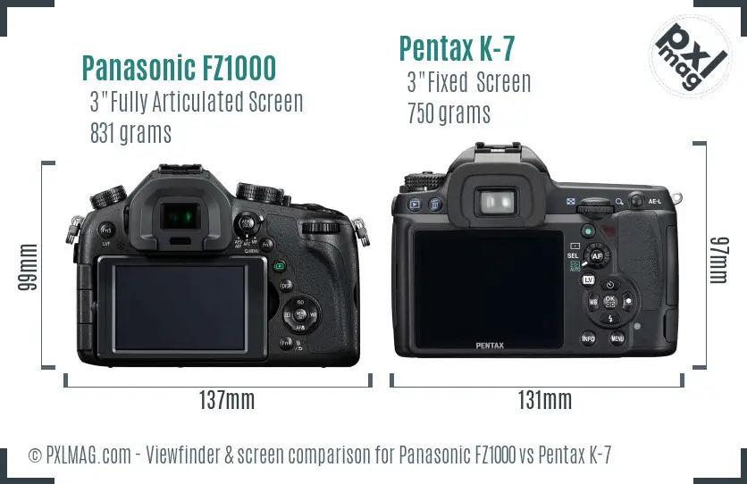 Panasonic FZ1000 vs Pentax K-7 Screen and Viewfinder comparison