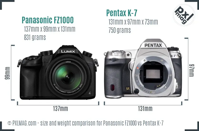 Panasonic FZ1000 vs Pentax K-7 size comparison