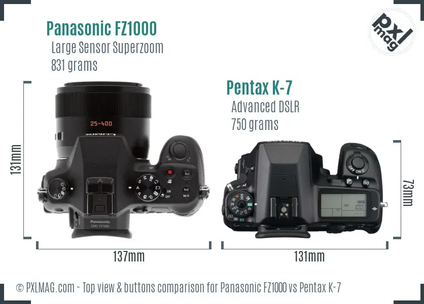 Panasonic FZ1000 vs Pentax K-7 top view buttons comparison
