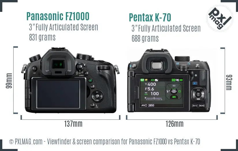 Panasonic FZ1000 vs Pentax K-70 Screen and Viewfinder comparison