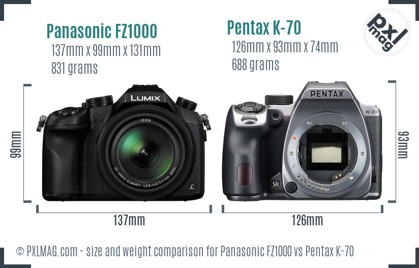 Panasonic FZ1000 vs Pentax K-70 size comparison