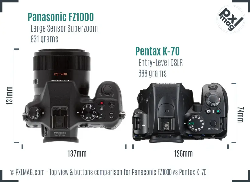 Panasonic FZ1000 vs Pentax K-70 top view buttons comparison