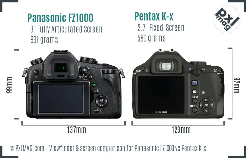 Panasonic FZ1000 vs Pentax K-x Screen and Viewfinder comparison