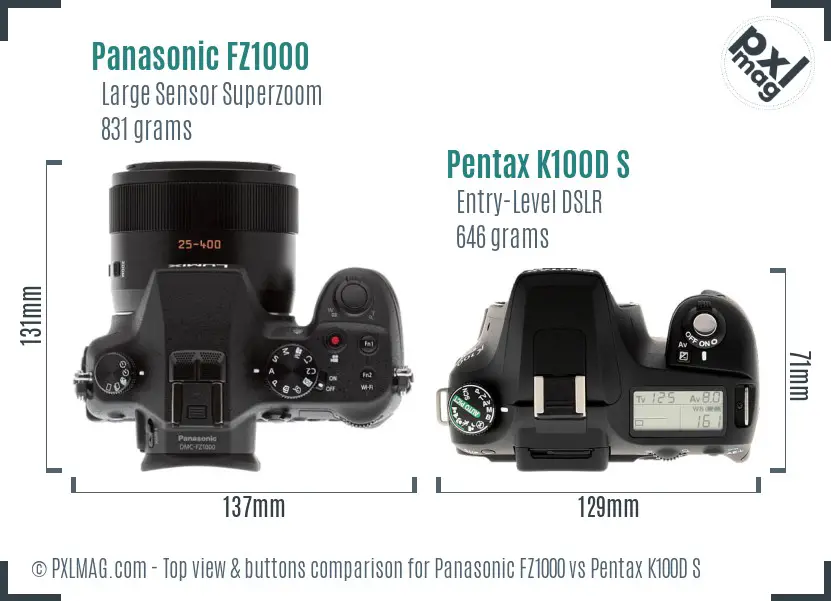 Panasonic FZ1000 vs Pentax K100D S top view buttons comparison