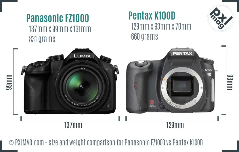 Panasonic FZ1000 vs Pentax K100D size comparison
