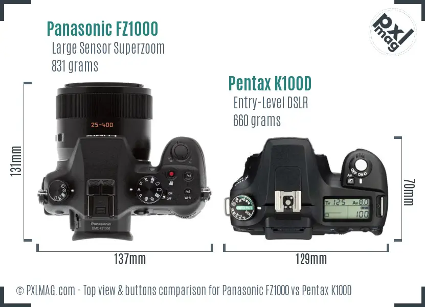 Panasonic FZ1000 vs Pentax K100D top view buttons comparison