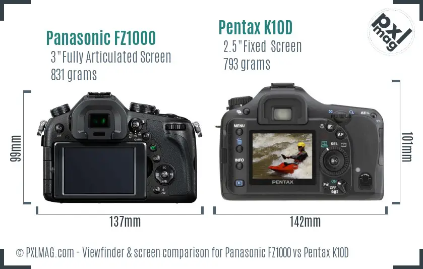 Panasonic FZ1000 vs Pentax K10D Screen and Viewfinder comparison