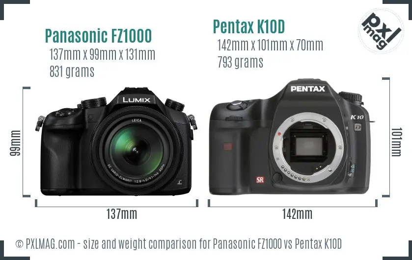 Panasonic FZ1000 vs Pentax K10D size comparison