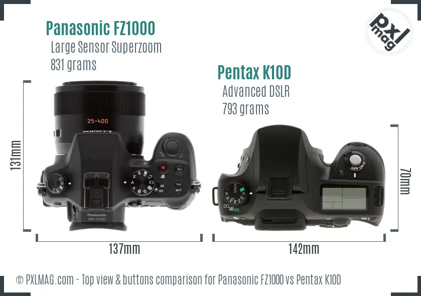 Panasonic FZ1000 vs Pentax K10D top view buttons comparison
