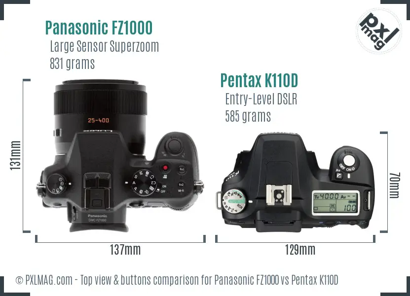 Panasonic FZ1000 vs Pentax K110D top view buttons comparison