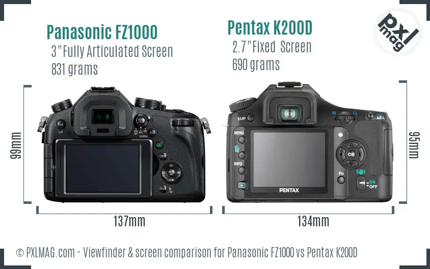 Panasonic FZ1000 vs Pentax K200D Screen and Viewfinder comparison