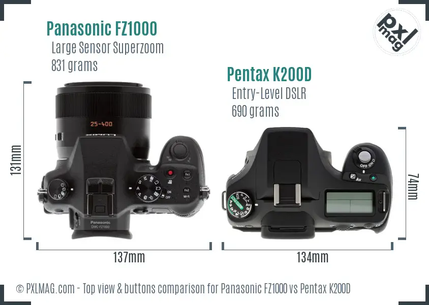 Panasonic FZ1000 vs Pentax K200D top view buttons comparison